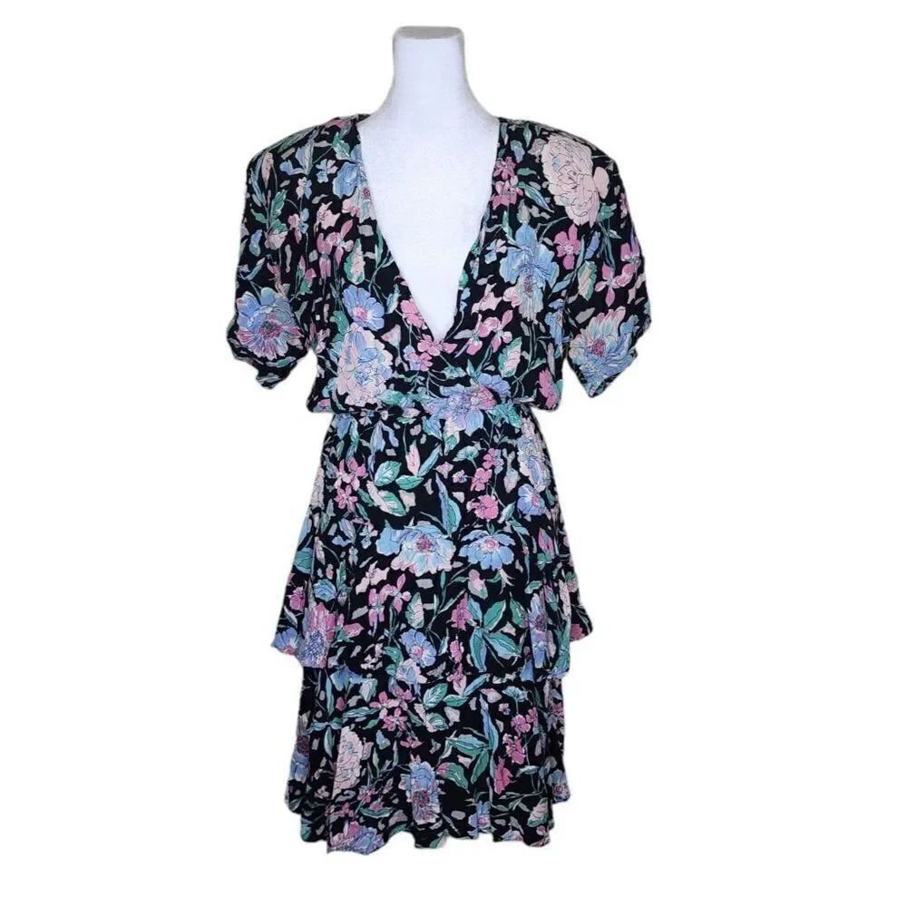 Vintage 80s Wrap Dress Short Sleeve Womens Size S Black Floral Flounce Skirt